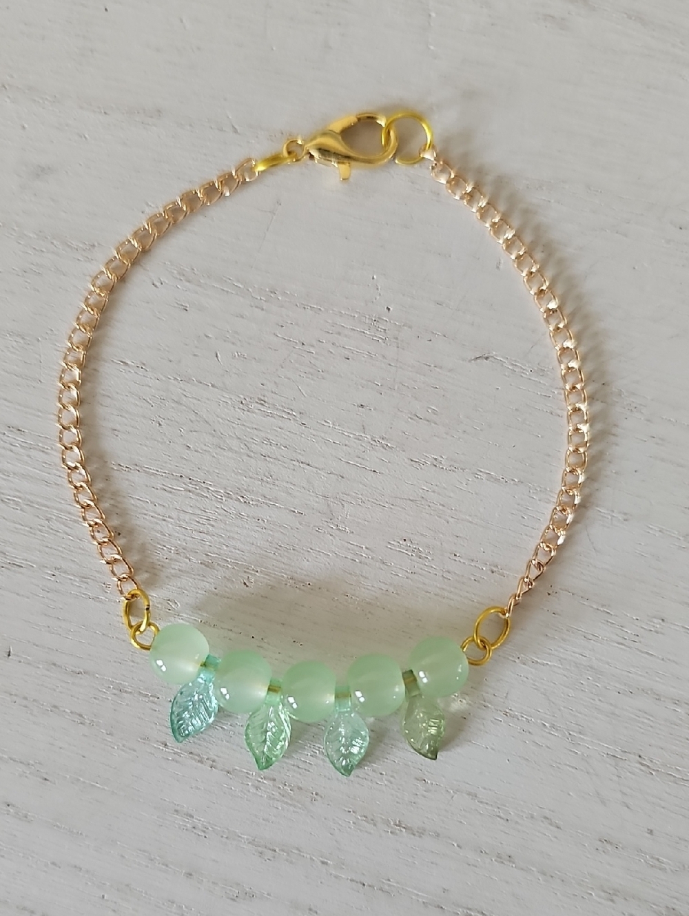 Delicate Green Bead and Leaf Bracelet